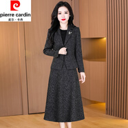 皮爾卡丹（pierre cardin）小香風(fēng)連衣裙女春秋季新款貴夫人高端氣質(zhì)名媛毛呢西裝三件套套裝 黑灰 L 【適合106-115斤】