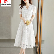 皮爾卡丹法式鏤空刺繡短袖連衣裙女2026夏季新款韓版寬松顯瘦高腰氣質(zhì)裙子 白色 M 建議80-109斤