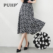 puhp女裝碎花半身裙女2025夏季新款a字裙顯瘦高腰雪紡印花高檔中長裙 黑底四葉草 [后松緊腰] M 建議[100斤以下]