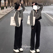 妍莉芬 休閑褲女裝秋季套裝女裝2023年秋裝新款韓版氣質(zhì)洋氣兩件裝褲子 上衣+闊腿褲 XL