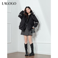 LAGOGO收腰羽絨服女拉谷谷2024年冬季新款黑色連帽立領(lǐng)寬松外套 黑色 S