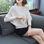 現寶蓮春裝新款韓版大媽寬松顯瘦一字領(lǐng)蝙蝠袖毛衣女針織打底衫秋冬 米白 米白 S