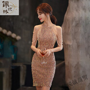 糜嵐精選晚禮服裙女感主持人輕奢高貴小眾高端宴會(huì)聚會(huì)氣質(zhì)名媛小個(gè)子 香檳色 S