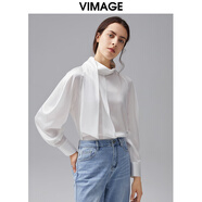 緯漫紀（VIMAGE）秋季新款氣質(zhì)飄帶復古泡泡袖休閑長(cháng)袖白色雪紡衫上衣女VC2109222 白色10 S (1)