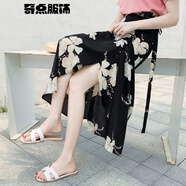 高端輕奢夏季碎花半身裙中長款新款系帶雪紡一片式裹裙度假遮陽沙灘裙顯瘦（定制） 黑底玉蘭花 均碼