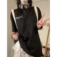 風(fēng)采兔 國潮牌美式復(fù)古正肩polo領(lǐng)短袖t恤女夏季寬松休閑設(shè)計(jì)感小眾上衣 黑色 M