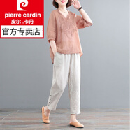 皮爾卡丹（pierre cardin）中年夏季新款寬松復(fù)古休閑褲刺繡棉麻套裝洋氣顯瘦夏天套裝女媽. 桔色上衣+白色褲子套裝 S 建議100以下