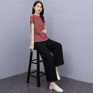 楚馨時尚休閑套裝女褲子2025新款夏季女裝夏天氣質棉麻休閑褲女闊腿褲 紅色上衣+黑褲 XL (124-136斤)