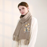達芬奇密碼圍巾女小羊毛刺繡圍巾羊毛披肩長(cháng)款加厚圍巾長(cháng)輩禮物精美禮盒裝 浪漫郁金香 卡其