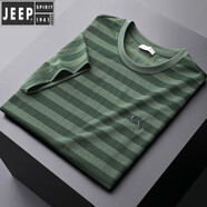 JEEP SPIRIT歐貨高端刺繡仿亞麻條紋t恤男短袖修身夏季冰絲薄款圓領(lǐng)半袖T恤 綠色【刺繡高端短 袖T恤】 3XL 建議155-165斤