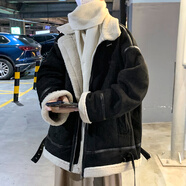 魄克麂皮絨棉服男冬季美式復(fù)古潮牌機(jī)車服棉衣加絨加厚保暖羊羔毛外套 XZ218-7-M102黑色 XL 135-150斤