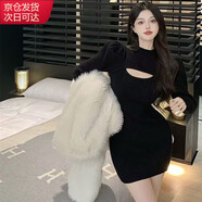 確彤秋冬鏤空收腰顯瘦黑色假兩件加厚毛衣連衣裙女裝短裙性感包臀裙子 黑色 2XL
