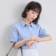 歌蜜奴 襯衫女夏季新品女裝韓版寬松大尺碼棉麻提花短袖襯衣A891 藍色 M