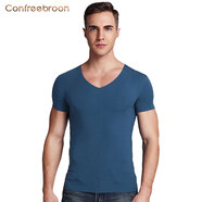 正錦 男士短袖T恤 V領(lǐng)無(wú)痕半袖體恤衫 夏季透氣打底衫純色修身汗衫 休閑彈力緊身運動(dòng)健身衣 有加大碼 男V領(lǐng)牛仔藍 L（收藏優(yōu)先出庫）