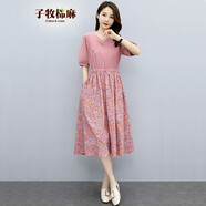 子牧棉麻夏裝 女小碎花拼接休閑連衣裙中長(zhǎng)款收腰短袖裙子585清49 粉色 M(建議90-105斤)