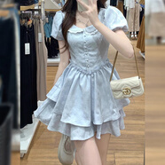 汐菡法式連衣裙公主蓬蓬裙子夏天女裝2024夏季新款少女感小個(gè)子短裙 時(shí)尚潮流韓版藍(lán)色 均碼（可備注碼數(shù)）