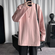 索賓馳重磅純棉純色長(cháng)袖t恤男生春裝秋衣潮流ins寬松打底衫內搭純色上衣 粉紅色 2XL【140-160斤】