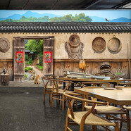 西里爾復古懷舊中式飯店餐館裝修墻紙農莊農家樂(lè )餐廳土菜館墻面裝飾壁紙 無(wú)縫防水油畫(huà)布/平
