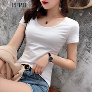 PFPH  t恤女短袖緊身夏季新款大領(lǐng)口低領(lǐng)半袖修身上衣 白色 L（96-108斤）