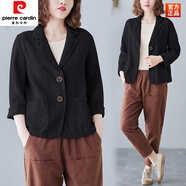 皮爾卡丹（pierre cardin）純色棉麻百搭上衣女長(zhǎng)袖2025秋季新款亞麻小西裝紐扣西服短款外套 黑 2XL