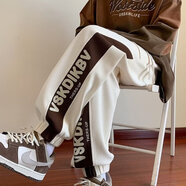 晗鯊褲子男秋季美式休閑褲男士運動(dòng)衛褲秋冬加絨加厚闊腿寬松束腳長(cháng)褲 杏色常規 XL (120-140斤)