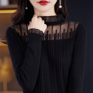 香影芬針織衫女秋冬新款蕾絲邊毛衣女半高領鏤空上衣性感透肉針織打底衫 黑色 XL(建議115-125斤)