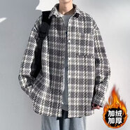 君憶卿春秋小香風(fēng)寬松翻領(lǐng)外套男潮流百搭時尚情侶上衣青年針織格子夾克 黑色（加絨） M