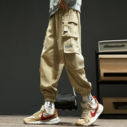 百鵲亭褲子男2025秋冬季新款復古多口袋束腳休閑褲男加絨加厚工裝褲男 卡其色 S