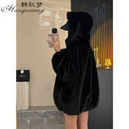 韓秋夢(mèng)大碼300斤棉服加絨連帽衛衣女寬松洋氣冬季感毛絨絨外套上衣 黑色 4XL 建議250-300斤