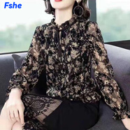 FSHE2025年秋裝新款襯衫女薄款長(cháng)袖打底衫遮肚小衫女裝碎花雪紡上衣潮 黑花（213 長(cháng)袖） 2XL 建議120-130斤