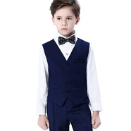 兒童禮服男童馬甲套裝禮服韓版小禮服套裝花童男孩鋼琴演出服男童表演童裝春秋 藏藍馬甲+白長(cháng)袖襯衫+藏藍長(cháng)褲+藍圖案領(lǐng)結 150