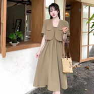 Lauaird300斤大碼女裝胖mm連衣裙套裝女夏季寬松短袖小外套+吊帶裙兩件套 卡其色套裝 2XL130145斤