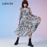 蓮燦春秋新法式甜酷風(fēng)收腰鉚釘燙金長(cháng)裙雪紡長(cháng)袖連衣裙 黑灰 S