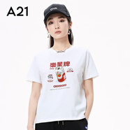 A21新款春秋季休閑百搭短袖女裝針織合體圓領(lǐng)短袖印花T恤衫上衣 米白 S