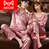 貓人（MiiOW）冰仿真絲女婚慶結婚情侶睡衣長(cháng)袖春秋款男大碼騏驥紅色家居服套裝 一鹿有你秀紅色 M 女