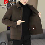 皮爾卡丹（pierre cardin）春秋季雙面呢羊毛大衣男士短款韓版呢子夾克品牌短款毛呢外套 咖啡色 XL 125-140斤