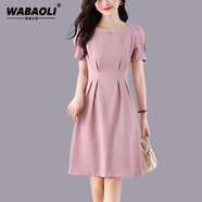 WABAOLI高端品牌 純色圓領(lǐng)收腰連衣裙女 2024夏季新款名媛顯瘦短袖裙子 粉色 2XL