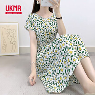 UKMR棉綢碎花連衣裙蝙蝠袖波西米亞中長(cháng)款海邊渡假沙灘碎花人造棉裙子 蝙蝠袖金錢(qián)桔 M 建議80-95斤