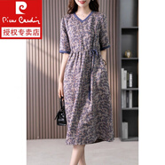 皮爾卡丹（pierre cardin）苧麻連衣裙女夏季薄款2024新款韓版氣質(zhì)洋氣顯瘦減齡碎花裙子 花色 M 建議100-120斤