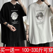 嘉曄（JIAYE）加肥加大碼短袖t恤男寬松簡(jiǎn)約打底衫百搭五分袖上衣夏季胖子體恤 地球黑色+地球白色 M