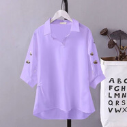 尚簡紛刺繡襯衫女短袖2025夏季新款大碼女裝胖mm洋氣顯瘦V領(lǐng)雪紡襯衣 淺紫色 3XL （建議140-150斤）