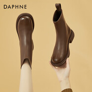 達芙妮瘦瘦靴女加絨低跟短靴女圓頭百搭靴子4622607093 棕色（加絨） 37