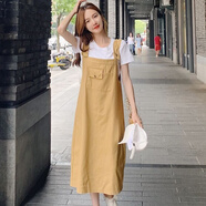 黛芙熙單件/套裝牛仔背帶裙森女系中長款過膝洋氣時(shí)尚減齡連衣裙夏季薄 卡其色裙子+純白T恤 L 建議110-120斤