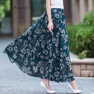露可柚尤2022碎花新款夏季雪紡半身裙大擺百褶裙高腰沙灘裙半身長(cháng)裙女 竹葉裙 XL 120-140斤