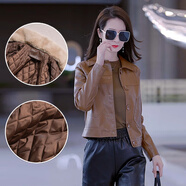 婳如嫣皮衣外套女短款秋季顯瘦黑色pu皮夾克2025新款時(shí)尚高級(jí)感女士上衣 咖色【加棉帶毛領(lǐng)】 M