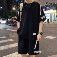 宗獅猴短袖T恤男士休閑套裝男韓版潮流寬松潮男五分半袖一套衣服男青少 F41黑色套裝（上衣+褲子） 4XL【建議170-185斤】