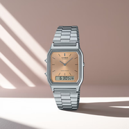 卡西歐（CASIO）經(jīng)典復(fù)古款雙顯鋼帶男女手表AQ-230GA-9D AQ-230A-1D 7D 9D電子表 AQ-230A-4A新款限量可愛粉