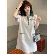 冠軍涂鴉日版polo領(lǐng)連衣裙女夏季新款短袖大碼寬松休閑t恤裙直筒短裙 白色 M 110-125斤