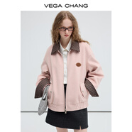 VEGA CHANG毛呢短外套女2025年秋冬新款粉色減齡撞色格子翻領(lǐng)上衣 貝殼粉 S