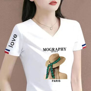 珞達(dá)達(dá)v領(lǐng)短袖t恤女2025夏季女裝新款韓版寬松休閑體恤女上衣打底衫 V領(lǐng)白色女孩 XL 建議110-120斤